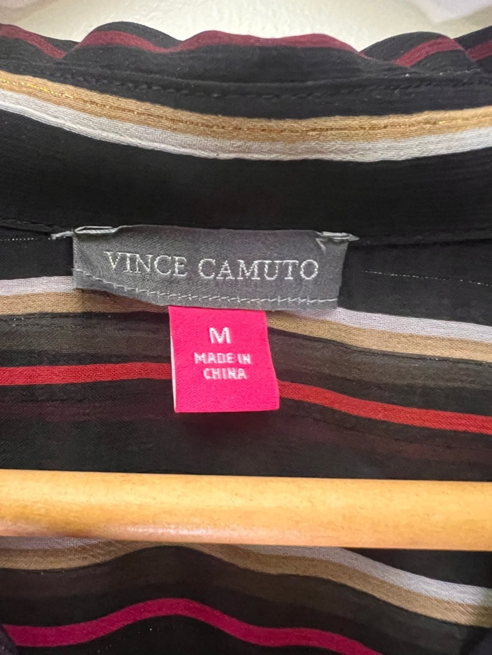 Vince Camuto Sheer Striped Blouse Size M Black Pink Gold Button Front Top - Picture 6 of 8